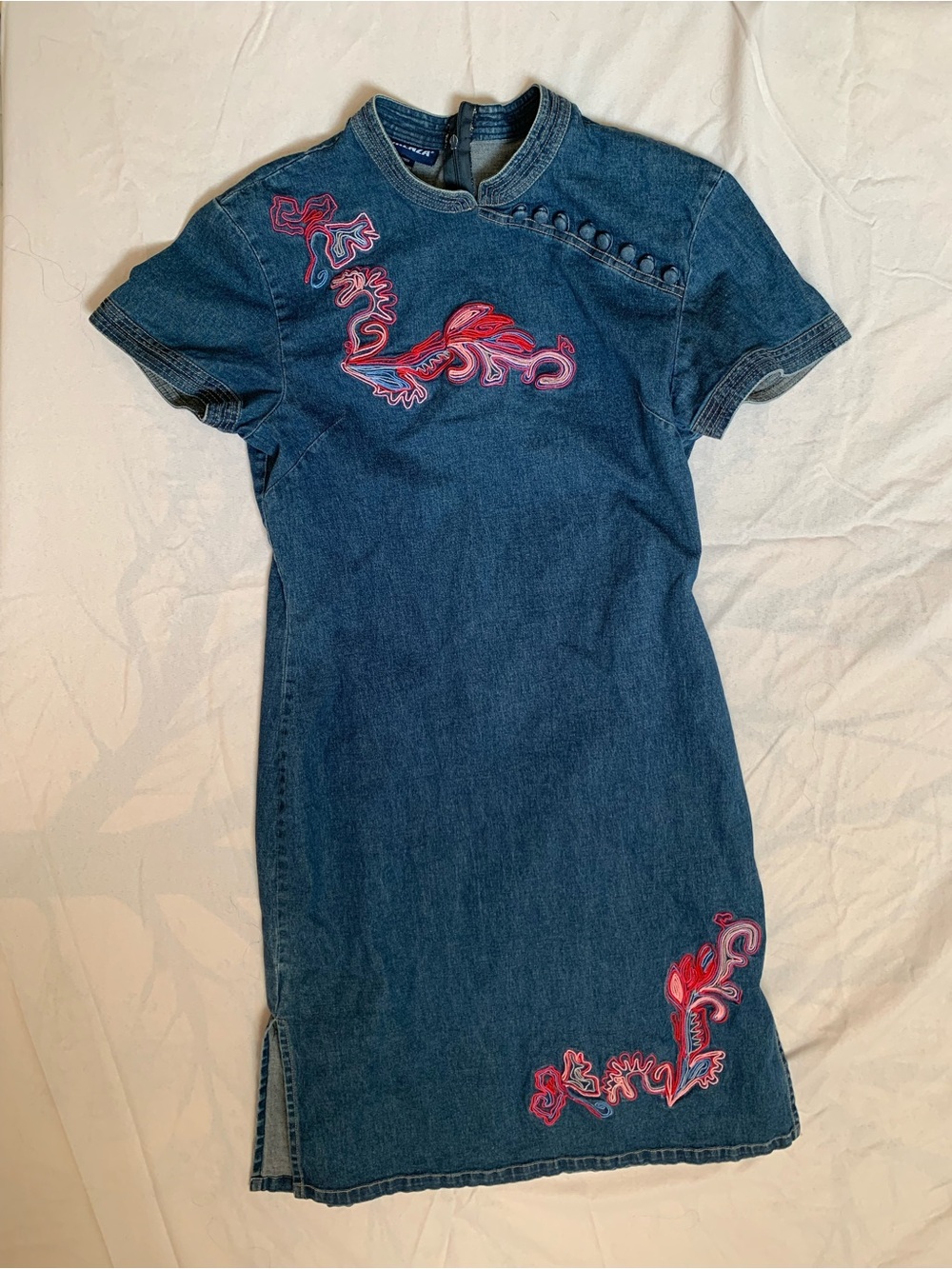 80’s Forenza Cheongsam Qipao Dress with   Embroidered Dragon